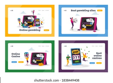 Gamble Player Addiction Landing Page Template Set. Characters Playing Gambling Games in Online Casino Win Jackpot Money Prize on Virtual Slot Machine and Poker. Cartoon People Vector Illustration