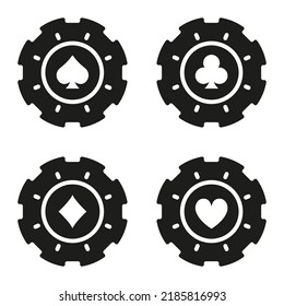 Gamble Poker Betting Chip Set Sign. Poker Money Black Silhouette Icon. Lucky Game Suit Casino Roulette Glyph Pictogram. Fortune Game Gambling Bet Flat Symbol. Isolated Vector Illustration.