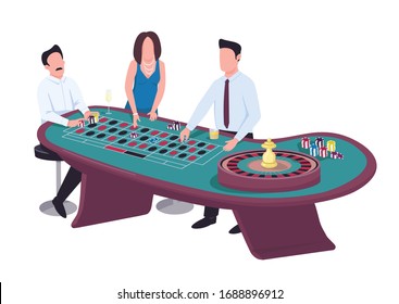 Gambler flat color vector faceless characters. Man put bet on red. Woman stake on black. Male gambler with chips. People play gamble at roulette table. Casino isolated cartoon illustration