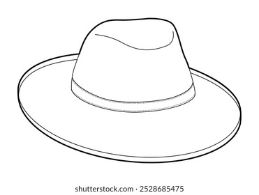 Gambler Hat with band. Head Fashion accessory cap with wide brim clothing technical illustration. Vector headgear for Men, women, unisex style, flat template CAD mockup sketch outline isolated