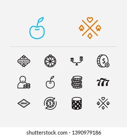 Gambler icons set. Gamble and gambler icons with win money, fortune wheel and coin. Set of reward for web app logo UI design.