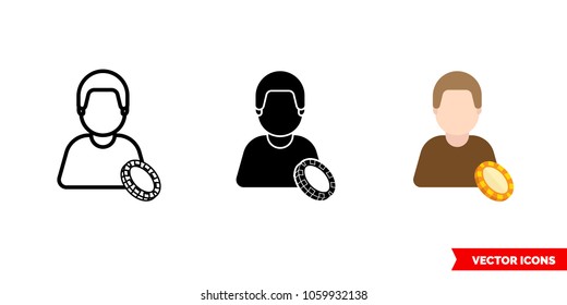 Gambler player icon of 3 types: color, black and white, outline. Isolated vector sign symbol.