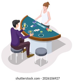 Gambler playing casino game sitting at blackjack table with deck of cards and chips, flat vector isometric illustration. Card game. Gambling industry. Casino gaming.