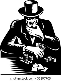 Gambler with top hat playing card game