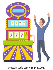 Gambler winning game machine, 777 icons in colorful casino equipment. Smiling man standing near gambling computer, business success, lucky person vector