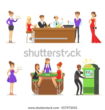 Gamblers In Chic Casino In Vegas Playing Poker, Roulette And Slot Machine Smiling Players, Waiters And Dealers Illustrations. Set Of Cartoon Vector Characters In Gambling House.