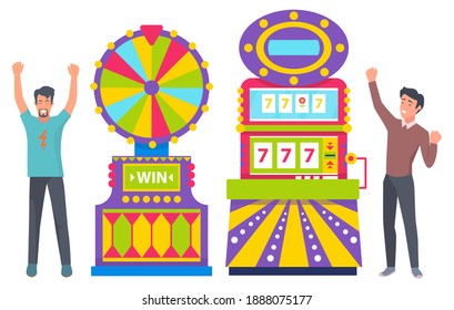 Los jugadores juegan a la máquina de juegos, elemento del casino. Éxito de personajes de la gente, hombres con las manos levantadas, entretenimiento de apuestas, vector de símbolo de jackpot