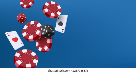 Gamblig cards dices and chips flying in the air, casino 3d render composition