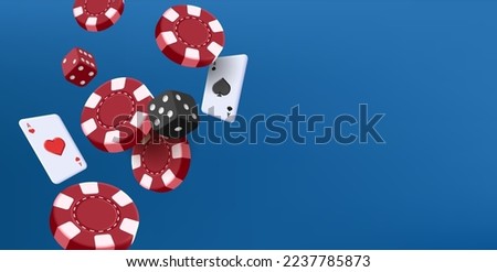 Gamblig cards dices and chips flying in the air, casino 3d render composition