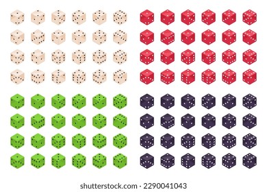 Gambling 3d dice. Isometric casino game cube pieces, table board games dices. Backgammon dice vector illustration set