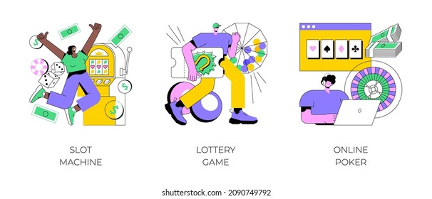Gambling abstract concept vector illustration set. Slot machine, lottery game ticket, online poker, casino and bingo, jackpot win, internet gambling addiction, big prize TV show abstract metaphor.