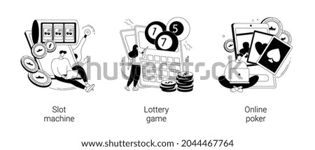 Vector Gambling abstract concept vector illustration set. Slot machine, lottery game ticket, online poker, casino and bingo, jackpot win, internet gambling addiction, big prize TV show abstract metaphor.