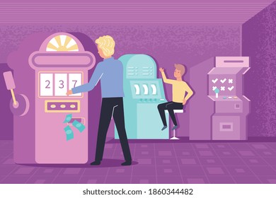 Composición de adicción al juego dos personas se sientan en el casino y juegan máquinas tragaperras ilustraciones vectoriales