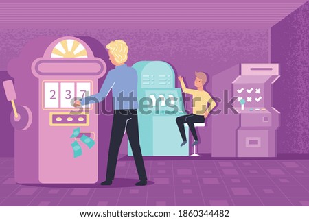 Gambling addiction composition two people sit in the casino and play slot machines vector illustration