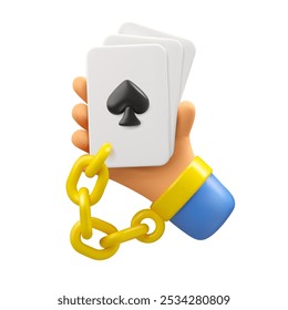 Conceito de dependência do jogo. Cartoon mão segurando cartas de jogar vetor 3d ícone. Braço do jogador do casino com ás de espadas anexado com corrente isolada no fundo branco