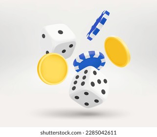 Concepto de adicción al juego con dados, fichas y monedas. 3.ª ilustración vectorial