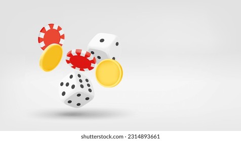 Gambling addiction concept with dice, chips and coins. 3d vector banner with copy space