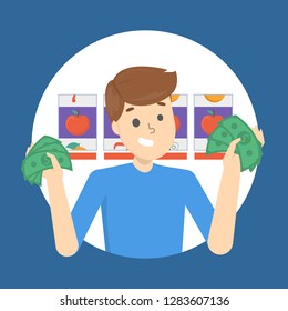 Gambling addiction concept. Man spend a lot of money in casino. Online poker and risk. Flat vector illustration