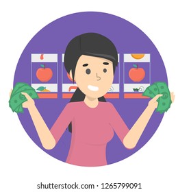 Gambling addiction concept. Woman spend a lot of money in casino. Online poker and risk. Flat vector illustration