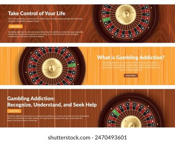 Gambling addiction control landing page design template set realistic vector illustration. Gamble casino roulette poker lucky fortune game jackpot information entertainment internet banner