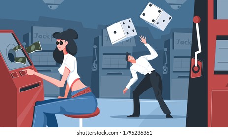 Gambling addiction flat composition with gaming room scenery and slot machines with characters of crazy people vector illustration