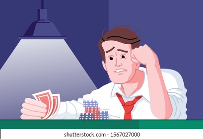 Gambling addiction flat vector illustration. Casino entertainment dependence. Gamblers failure, bad luck day. Obsessed poker player frustrated about losing card game cartoon character