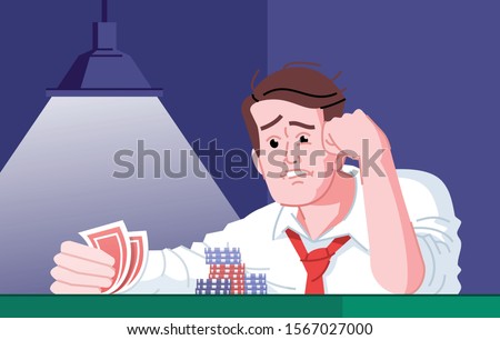 Gambling addiction flat vector illustration. Casino entertainment dependence. Gamblers failure, bad luck day. Obsessed poker player frustrated about losing card game cartoon character