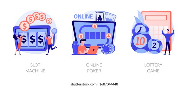 Gambling addiction, internet casino dependence, dangerous entertainment icons set. Slot machine, online poker, lottery game metaphors. Vector isolated concept metaphor illustrations