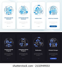 Gambling addiction night and day mode onboarding mobile app screen. Rehab walkthrough 4 steps graphic instructions pages with linear concepts. UI, UX, GUI template. Myriad Pro-Bold, Regular fonts used