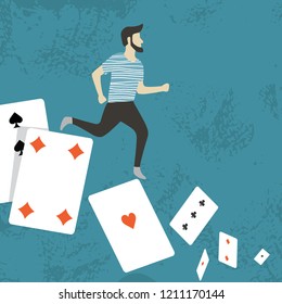 Gambling addiction problem. A man running on the playing cards. Road to nowhere. Vector flat illustration. 