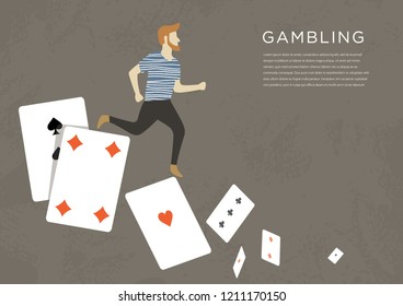 Gambling Addiction Problem. A Man Running On The Playing Cards. Road To Nowhere. Vector Flat Illustration With Text. 