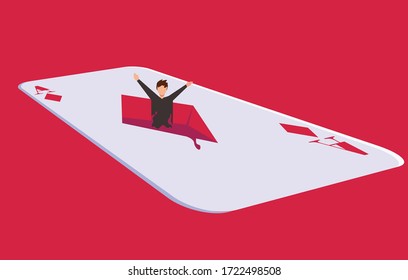 Gambling addiction vector concept, with male figure drowning in big diamond ace card icon in red background