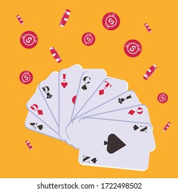 Spielsucht-Vektorkonzept mit Kartenreihe mit Buchstabenkombination "Sucht" auf orangefarbenem Hintergrund mit fallenden Dollarchips