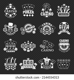 Gambling badges. Casino cards slot machines and dice gambling games stylized symbols recent vector monochrome illustrations set