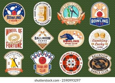 Gambling, ballroom dance and bowling sports club stickers, logos, badges, patch. Stikers with ballroom dancing couple, wheel of fortune, two dice, bowling pins and ball. Vector.