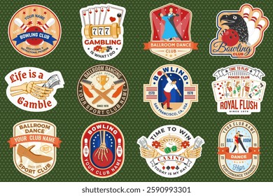 Gambling, ballroom dance and bowling sports club stickers, logos, badges, patch. Stikers with ballroom dancing couple, wheel of fortune, two dice, bowling pins and ball. Vector.