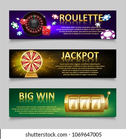 Gambling banners with Roulette Wheel and Casino Chips, lottery machine, gold fortune wheel set. Casino jackpot banner with Playing casino games. money, fortune and lottery. vector illustration