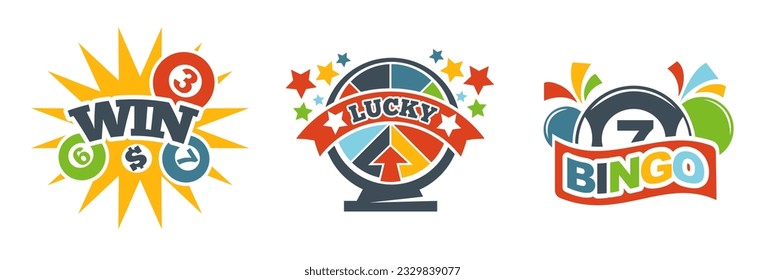 Gambling and bingo, win and luck in playing on money. Isolated icons with numbers and digits, trying lucky digits, gamble. Logotype or emblem, logo or promotional banner. Vector in flat style