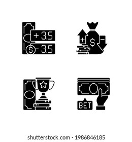 Gambling Black Glyph Icons Set On White Space. Point Spread. Moneyline. Cash Prize, Victory. Betting On Sport Events. Handicap Betting. Silhouette Symbols. Vector Isolated Illustration