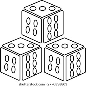 Gambling blocks outline, board game cubes sketch, probability tools drawing, random chance gaming element design.