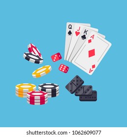 Gambling, card games. Casino, poker, money turnover, financial well-being. Jackpot, luck and success, money growth, profit. Games in dominoes, chips, coins, cards, dice cubes. Vector illustration.