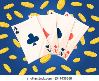 Gambling cards and golden coins award, business success. Four ace, win jackpot, casino entertainment, poker logo, fortune and currency, rich symbol vector. Flat cartoon