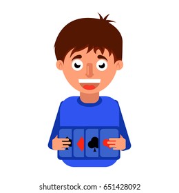 gambling at cards, a young man with cards in hands vector illustration.