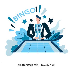 Gambling and casino, bingo game winner, balls with numbers vector. Lottery and easy earning, money stakes and guessing combination, luck and fortune. Gambler at playing table, poker chips stack