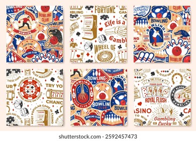 Gambling, casino and bowling sports club seamless pattern. Background, wallpaper, seamless pattern with bowling pins, crocodile, eagle, ball, wheel of fortune, two dice and skeleton hand holding