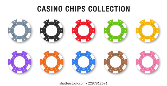 Gambling casino chips. Colorful collection of casino chips for gambling, poker, roulette. Casino chips and coins isolated on white background. Vector