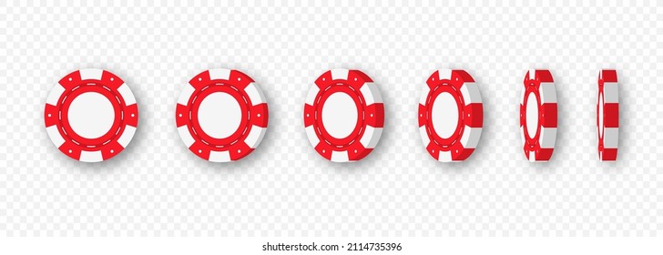 Gambling casino chips. Casino token 3d animation. Spinning poker chips and coins isolated on transparent background. Collection of red casino chips for gambling, poker, roulette. Vector