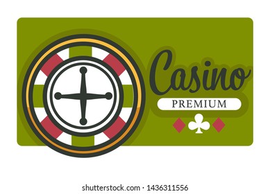 Gambling casino club isolated icon roulette wheel vector play cards suits game with money stakes risk and luck win fortune stakes and betting playing equipment gamble online service emblem or logo.