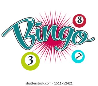 Gambling casino club isolated icon with lettering, bingo game balls with numbers vector. Money stakes and guessing combination, luck and fortune. Gamblers club emblem or logo, lottery and easy earning