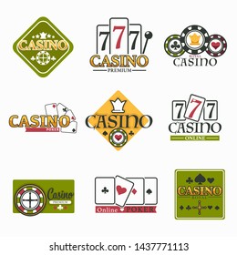 Gambling casino club isolated icons poker chips and play cards vector blackjack game and roulette wheel with money stakes and betting risk and luck win fortune playing and gamble online service emblem